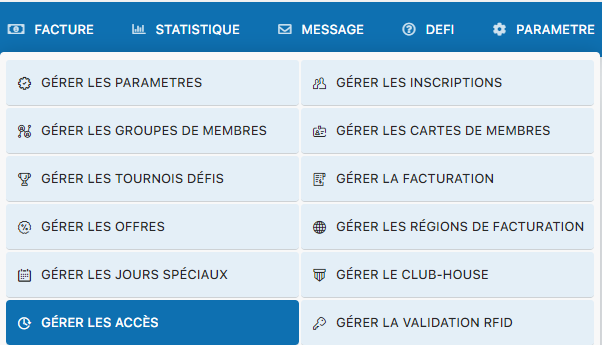 Écran de configuration des accès aux terrains