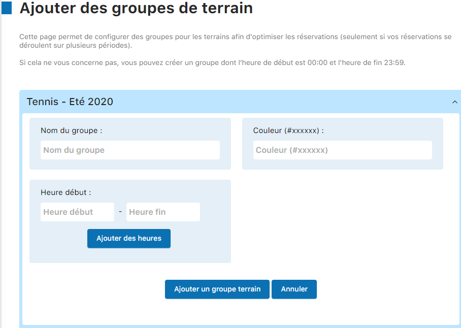 Formulaire de création d'un groupe de terrains