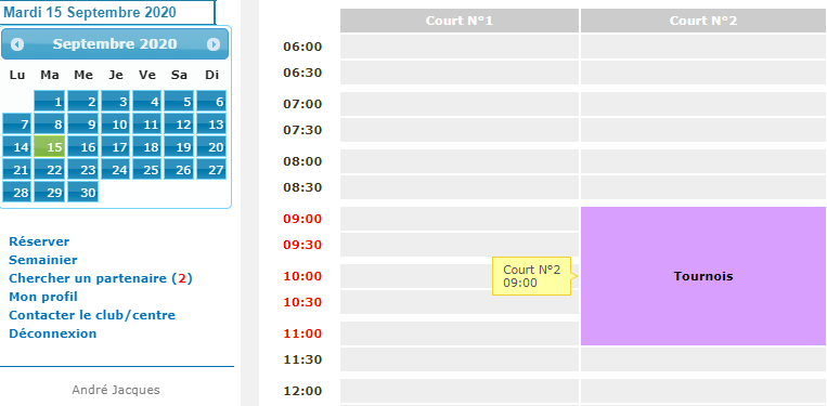Affichage de la réservation du tournoi